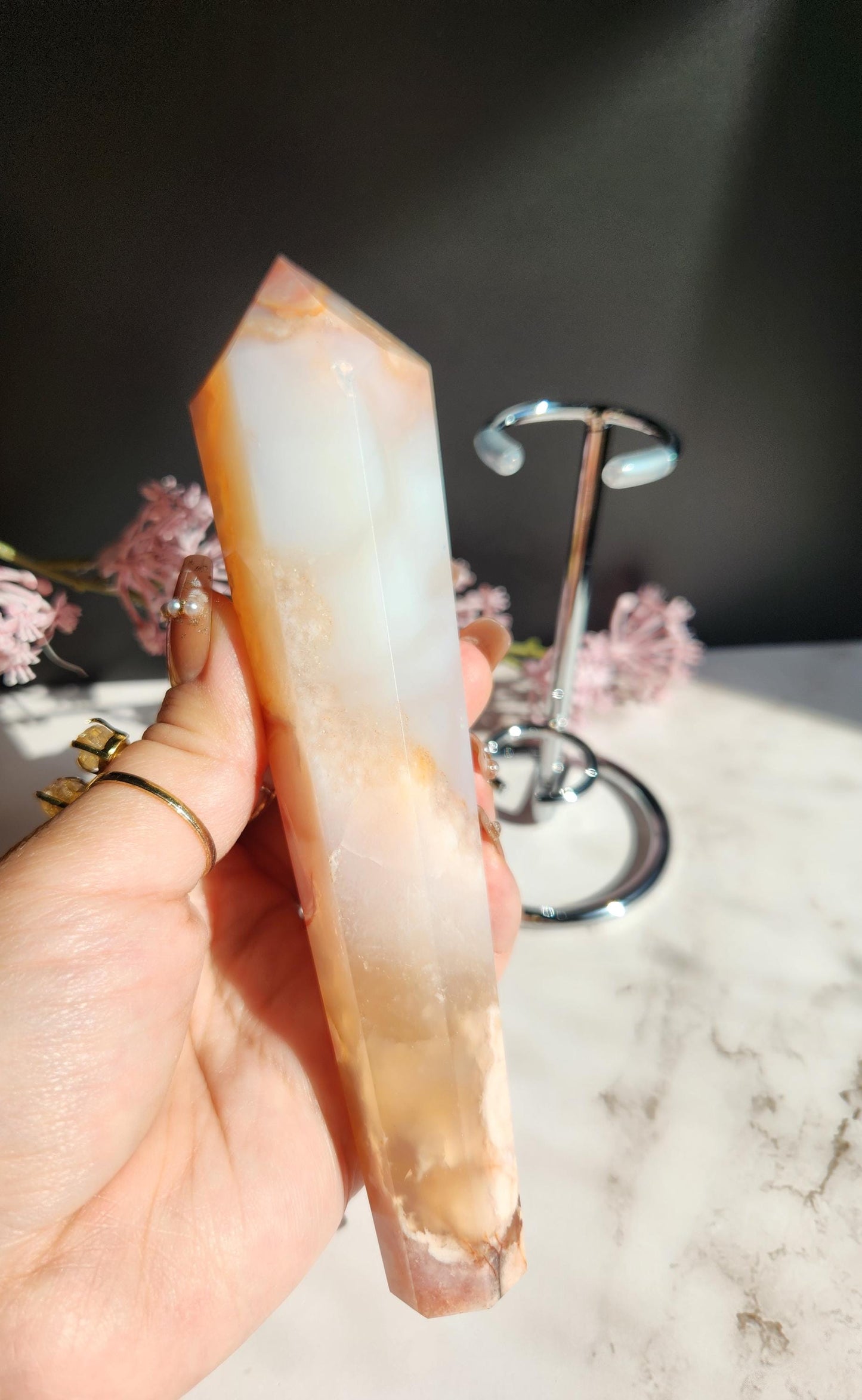 AAA Natural carnelian flower agate wand with stand from Madagascar