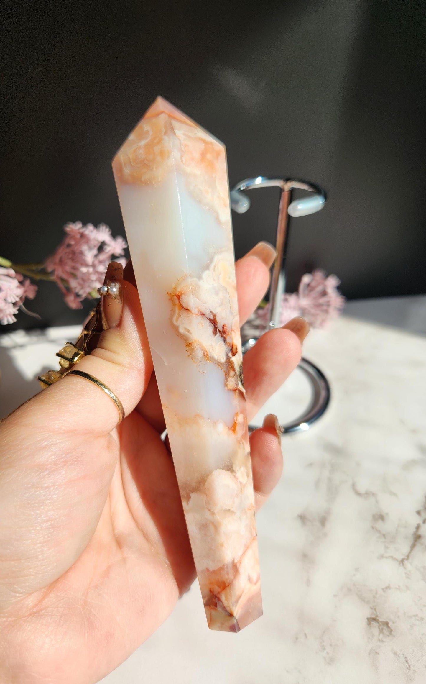 AAA Natural carnelian flower agate wand with stand from Madagascar
