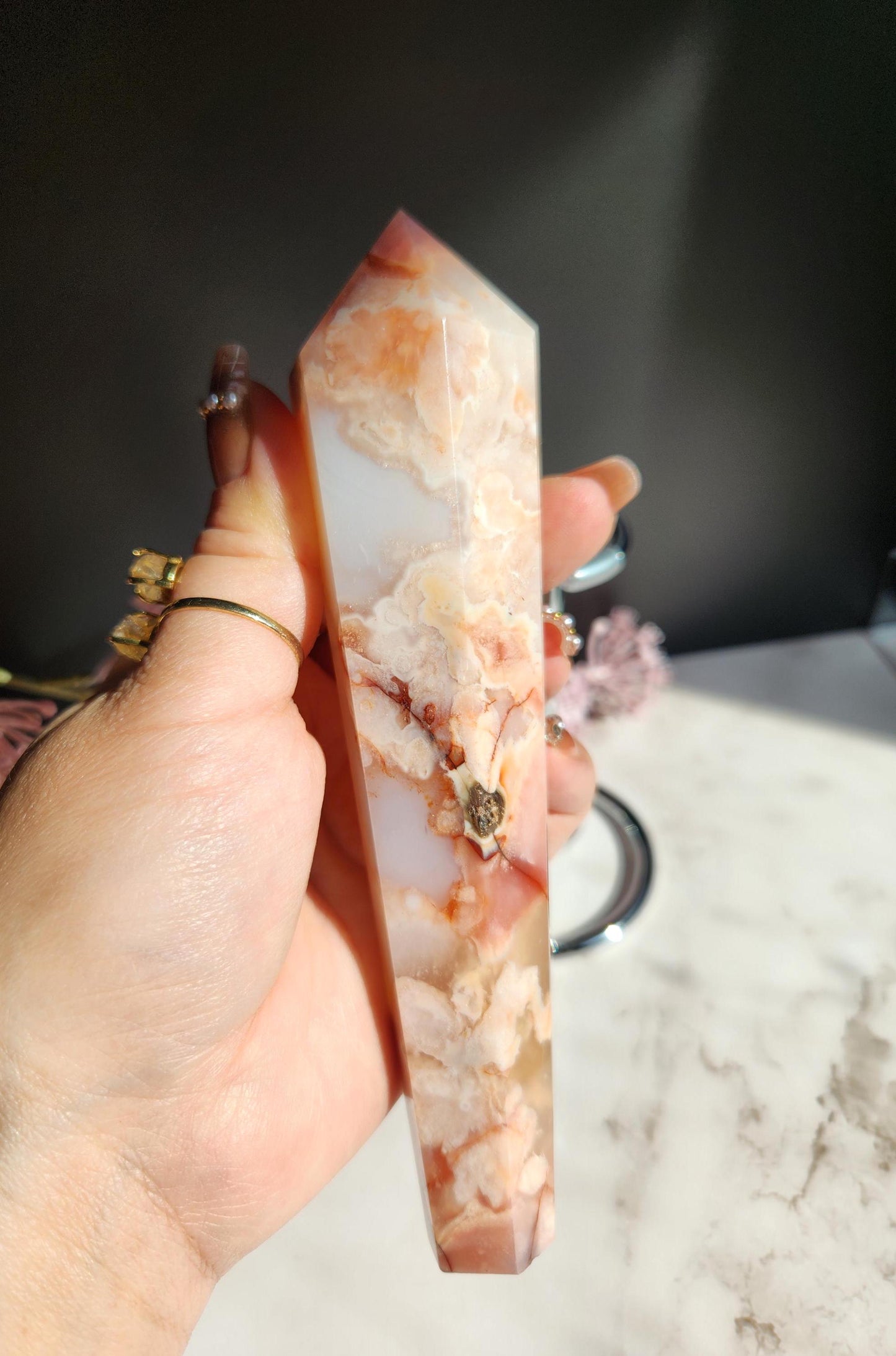 AAA Natural carnelian flower agate wand with stand from Madagascar