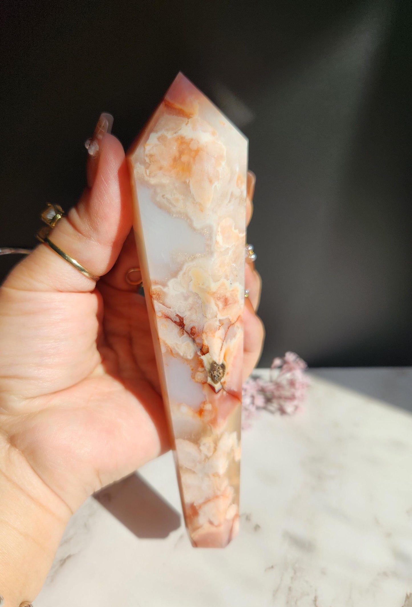 AAA Natural carnelian flower agate wand with stand from Madagascar