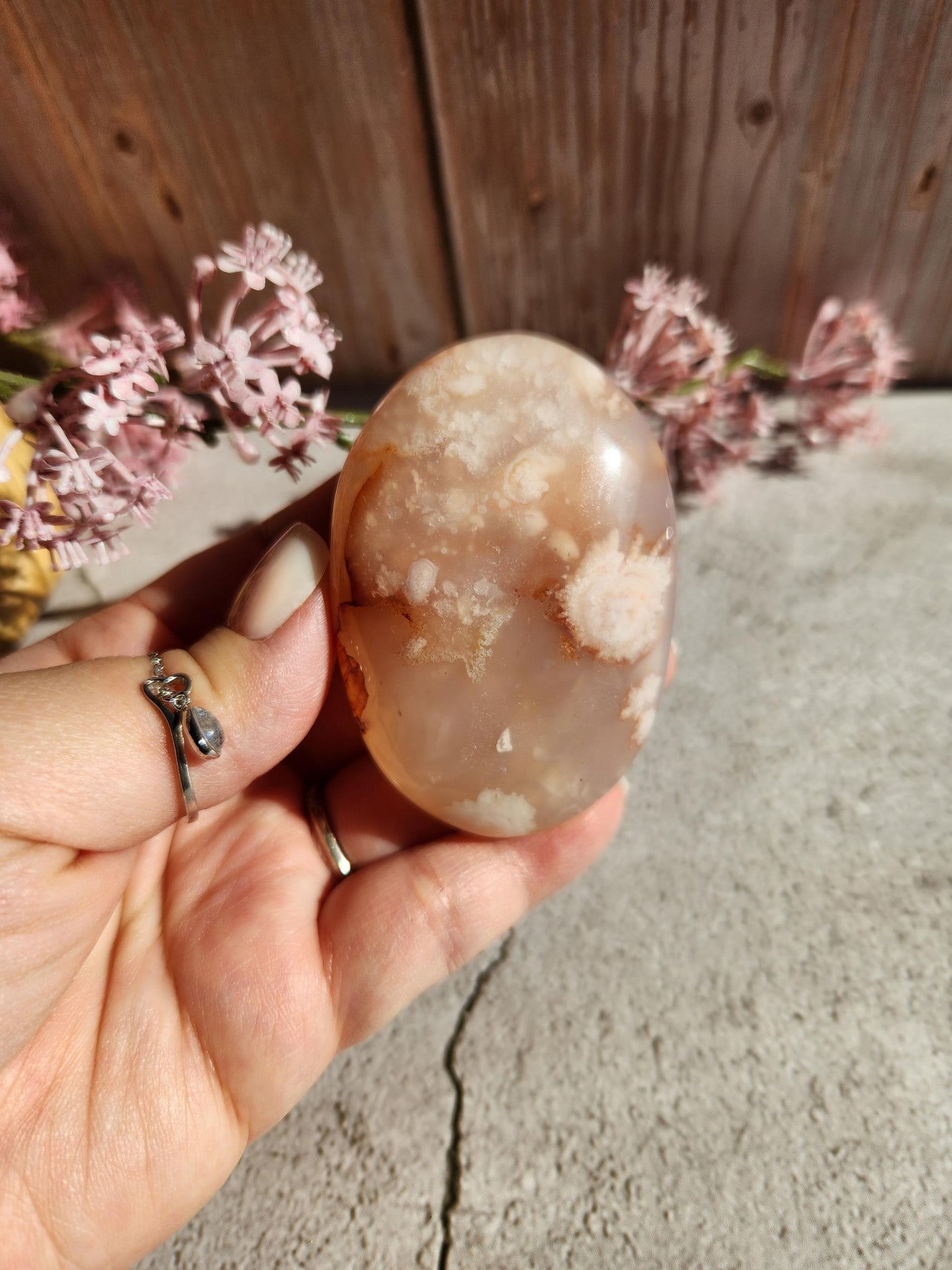 AAA natural rare carnelian flower agate palm stone with pink flowers from Madagascar, cherry blossoms, translucent
