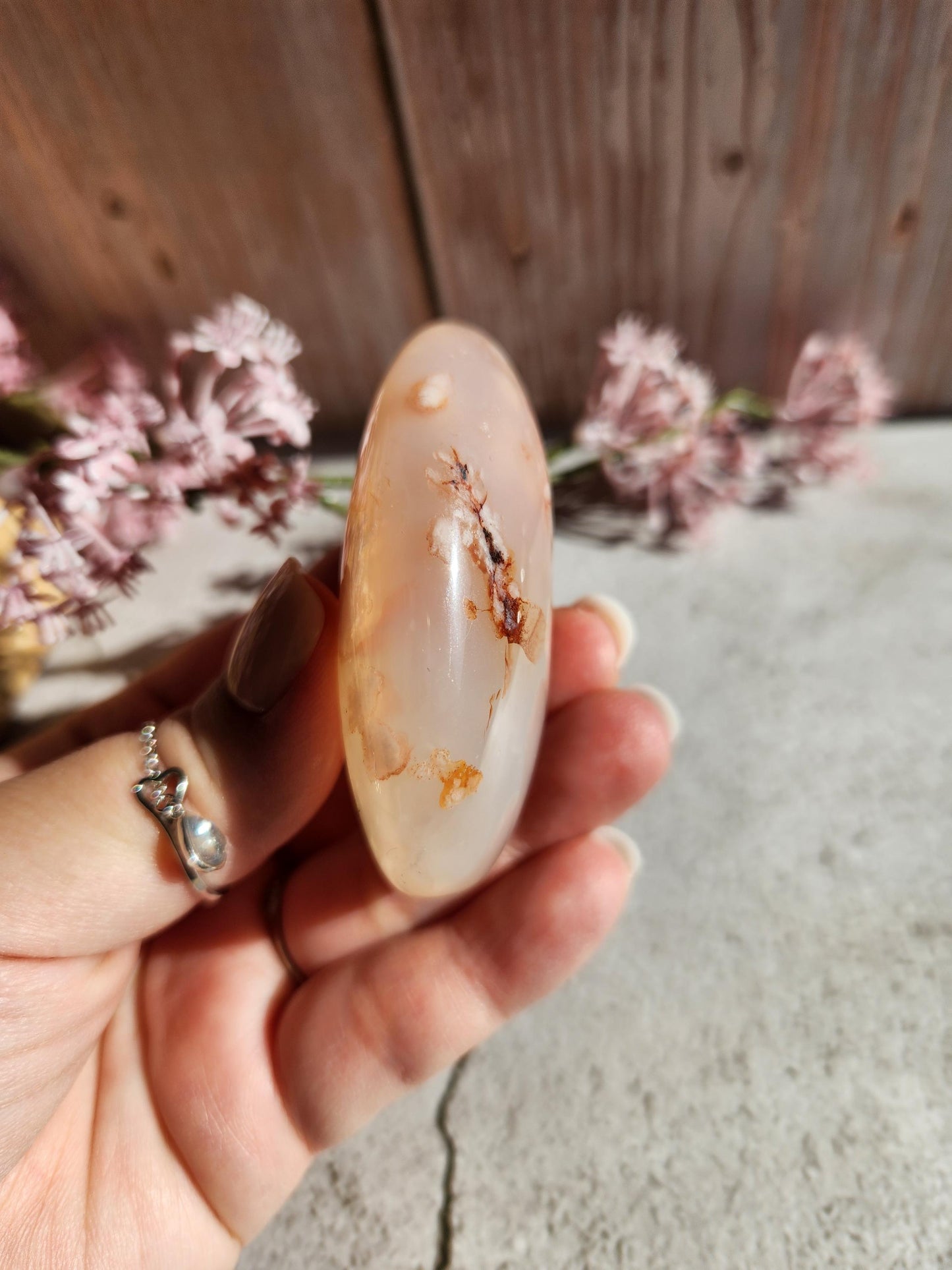 AAA natural rare carnelian flower agate palm stone with pink flowers from Madagascar, cherry blossoms, translucent
