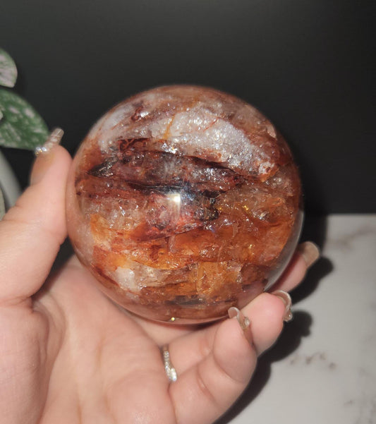 Beautiful natural dark fire quartz sphere with rainbows, Hematoid inclusions, Hematoid quartz, E, 73.9mm