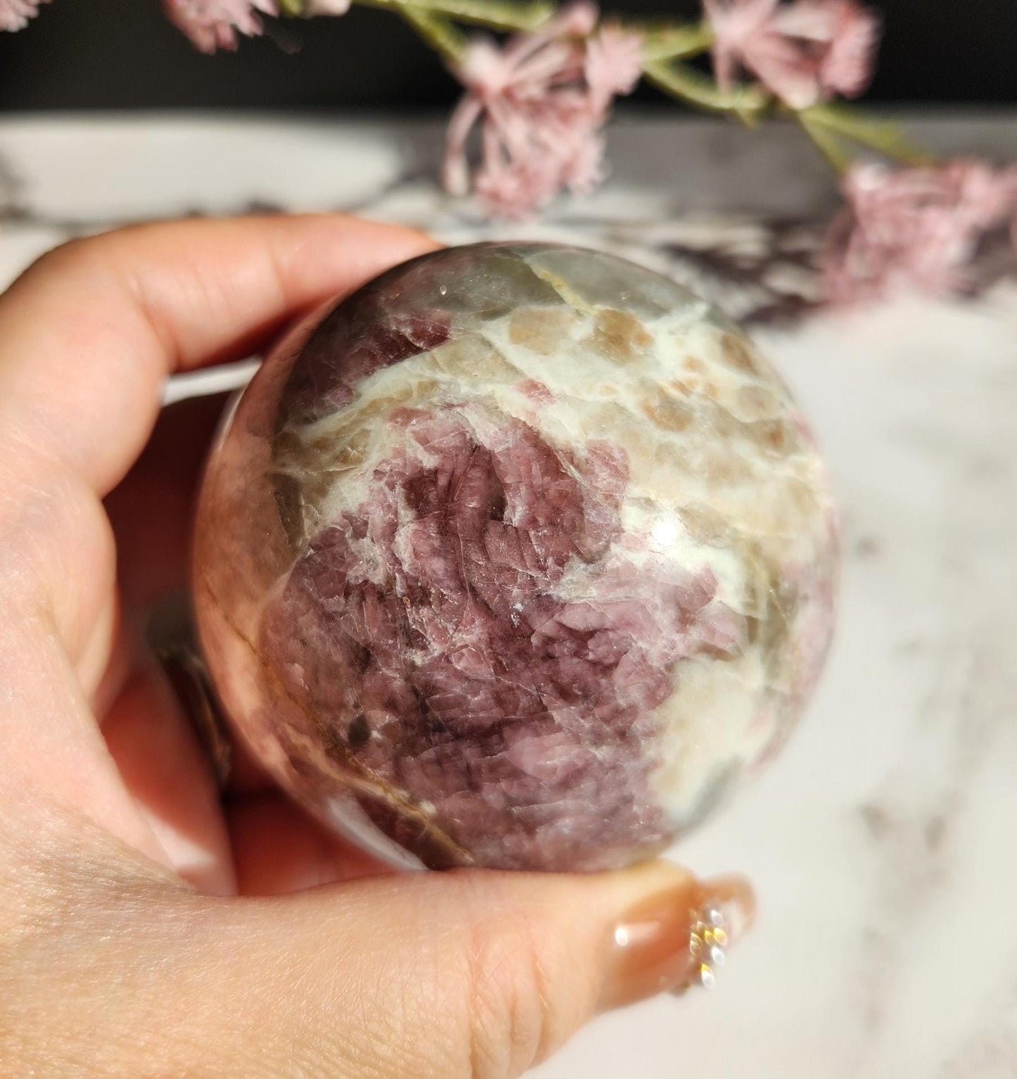 Amazing high quality pink tourmaline sphere with smokey and clear quartz  A