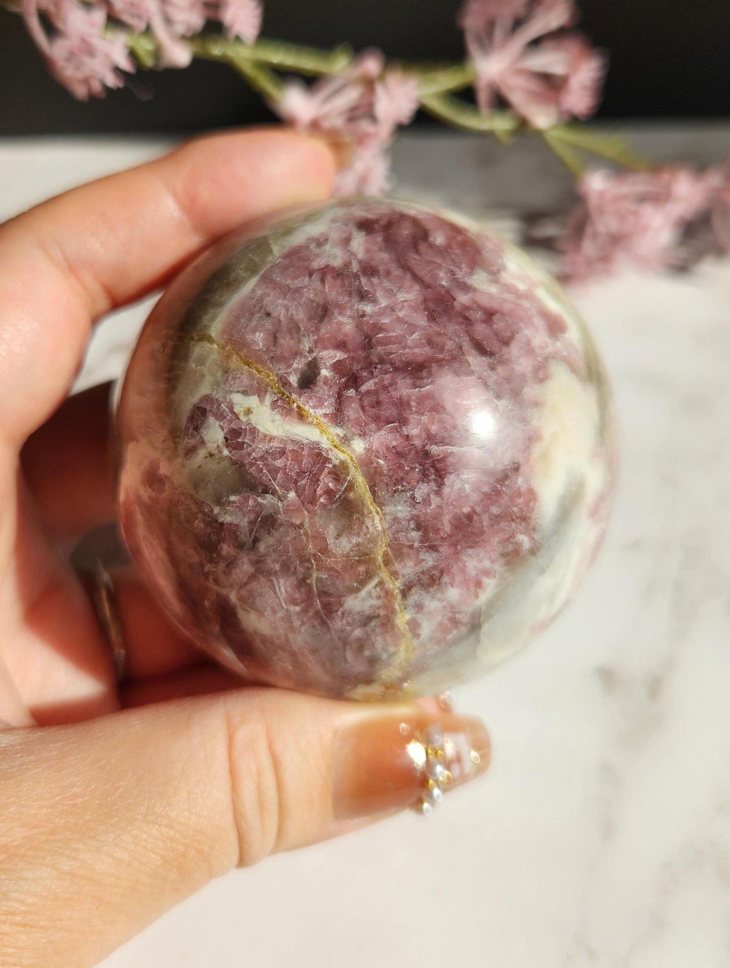 Amazing high quality pink tourmaline sphere with smokey and clear quartz  A