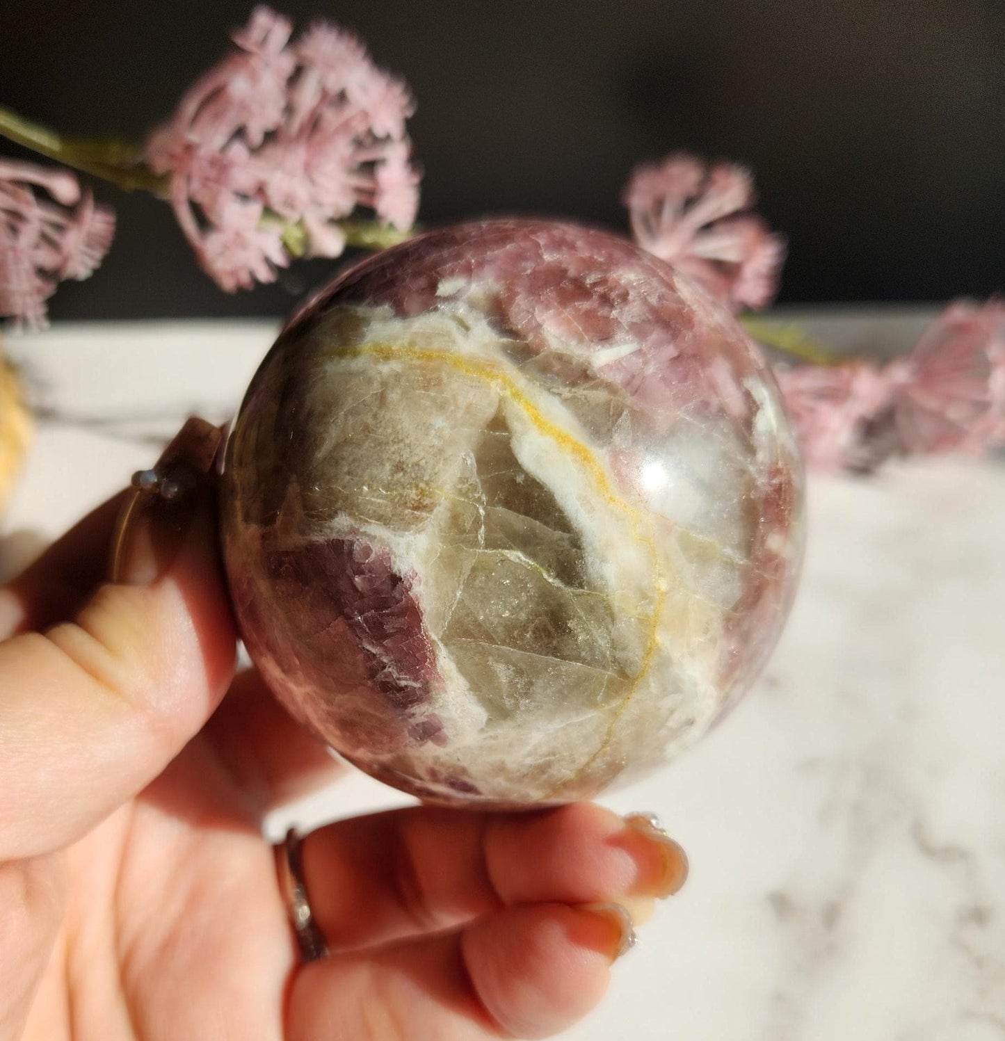 Amazing high quality pink tourmaline sphere with smokey and clear quartz  A
