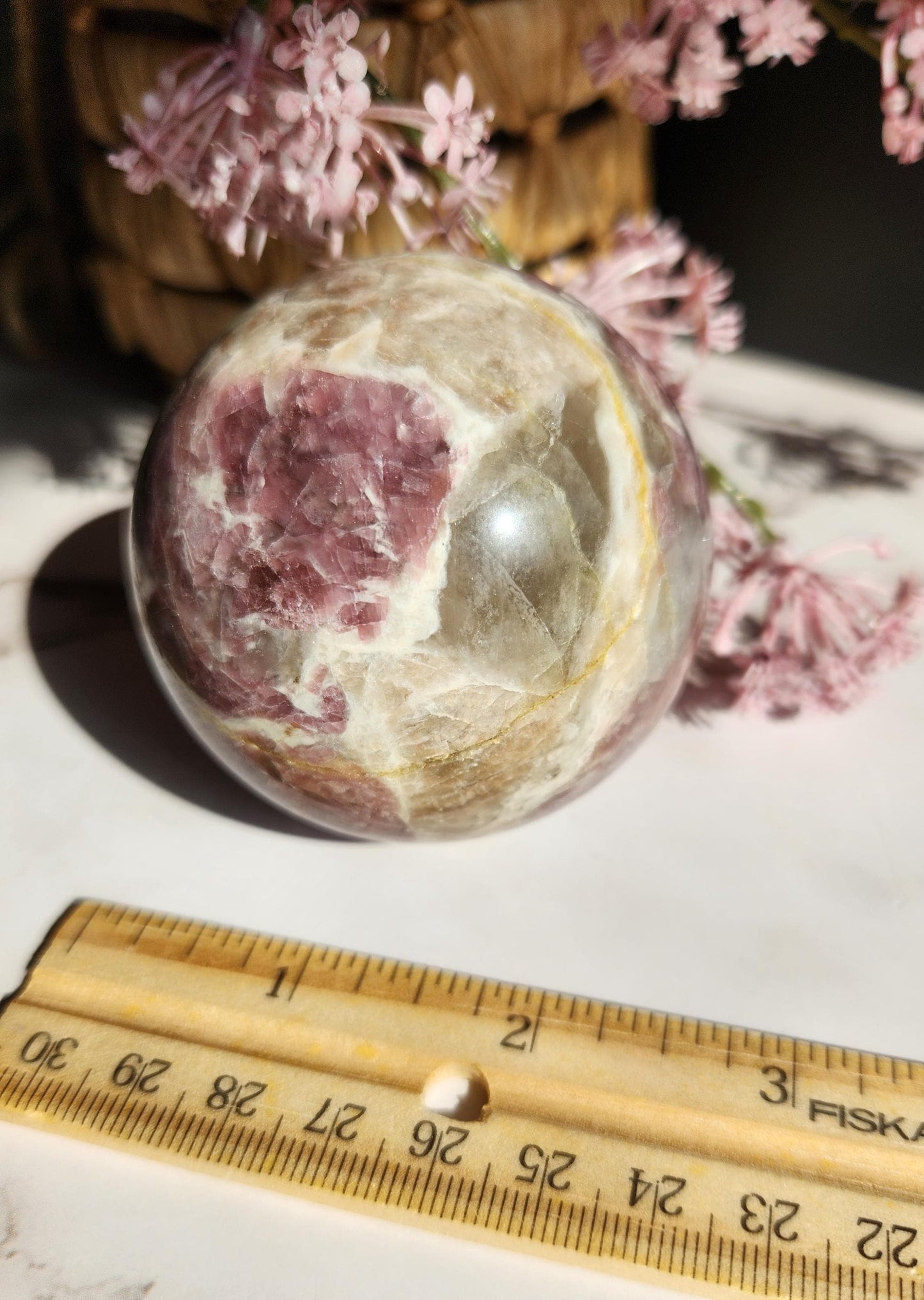Amazing high quality pink tourmaline sphere with smokey and clear quartz  A