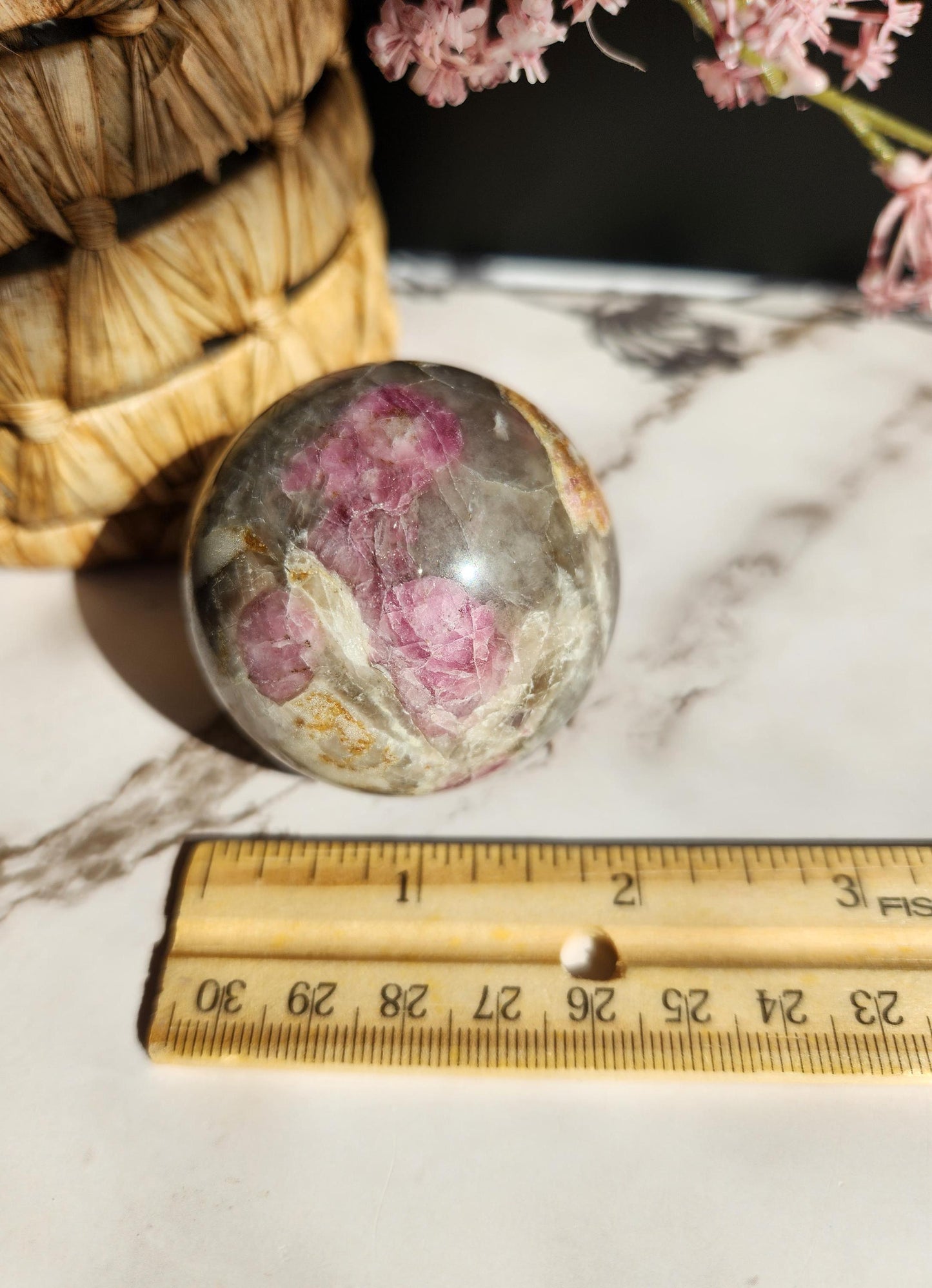 Natural pink tourmaline sphere with sparkly lepidolite, Smoky and clear quartz, E