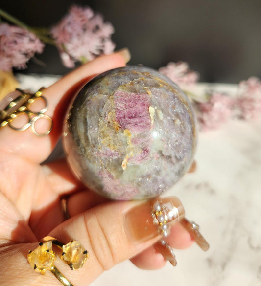 Natural pink tourmaline sphere with sparkly lepidolite, Smoky and clear quartz, E
