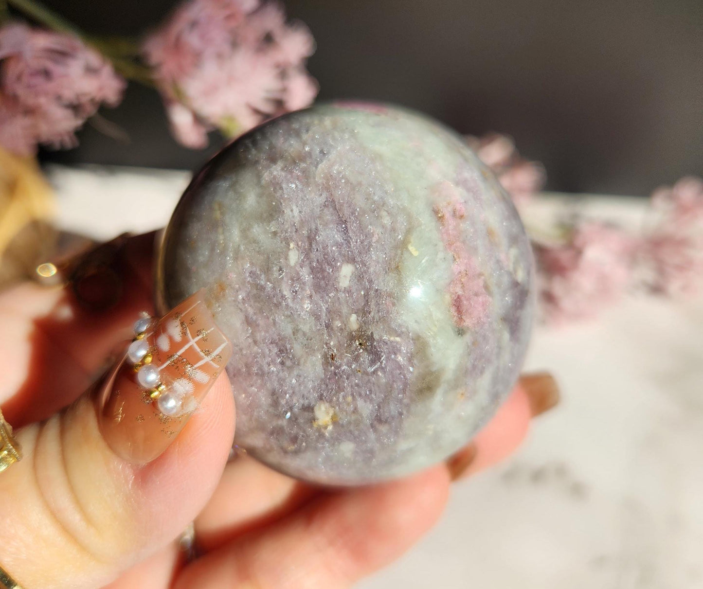 Natural pink tourmaline sphere with sparkly lepidolite, Smoky and clear quartz, E