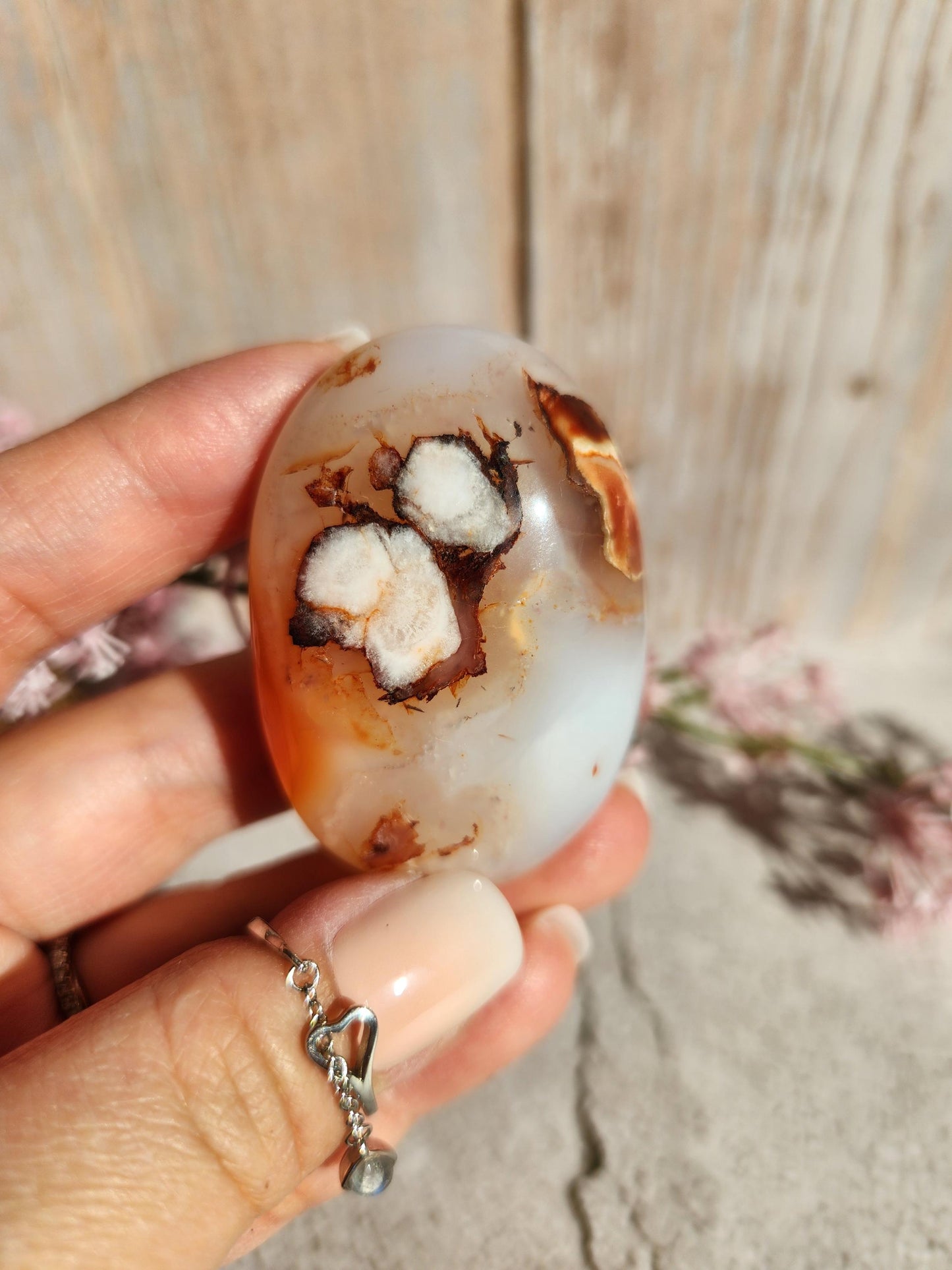 High quality natural rare carnelian flower agate palm stone from Madagascar, cherry blossoms, translucent