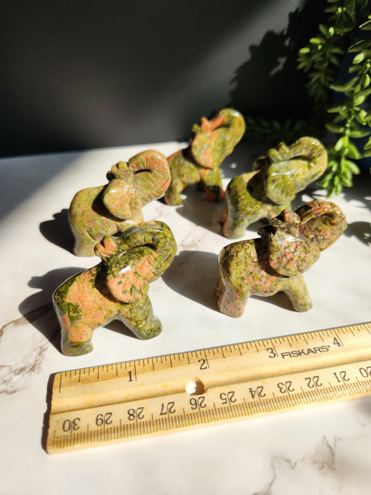 Beautiful hand carved unakite elephants, natural unakite