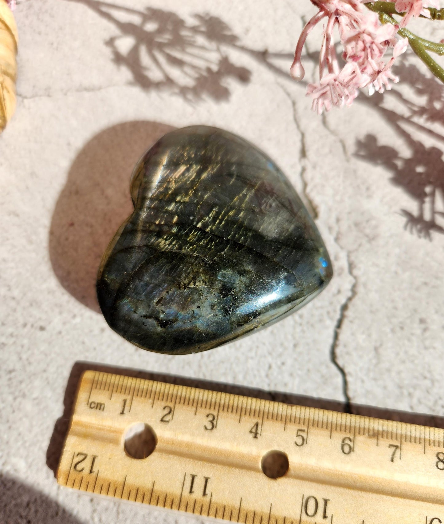 Amazing bright and silver white labradorite heart with with purple flash  from Finland