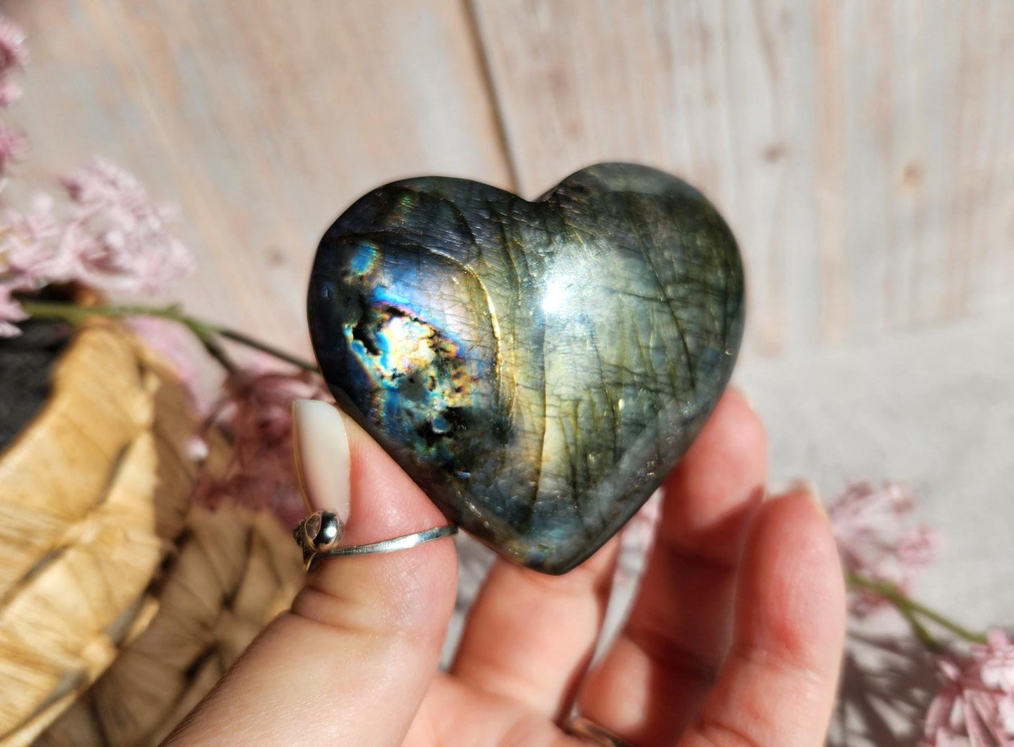 Amazing bright and silver white labradorite heart with with purple flash  from Finland