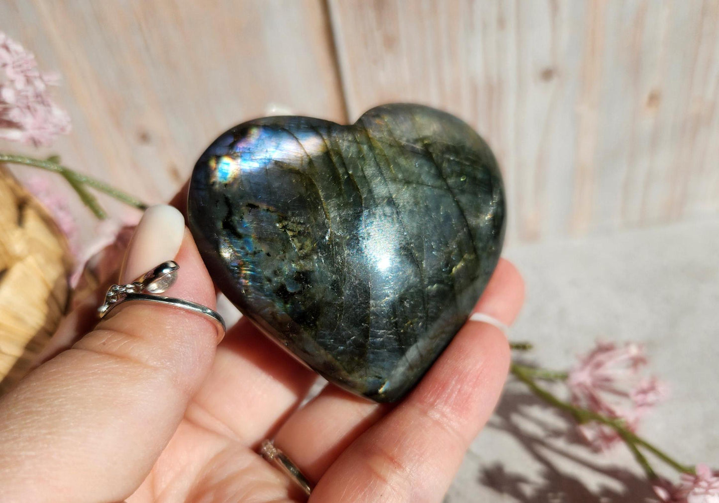 Amazing bright and silver white labradorite heart with with purple flash  from Finland