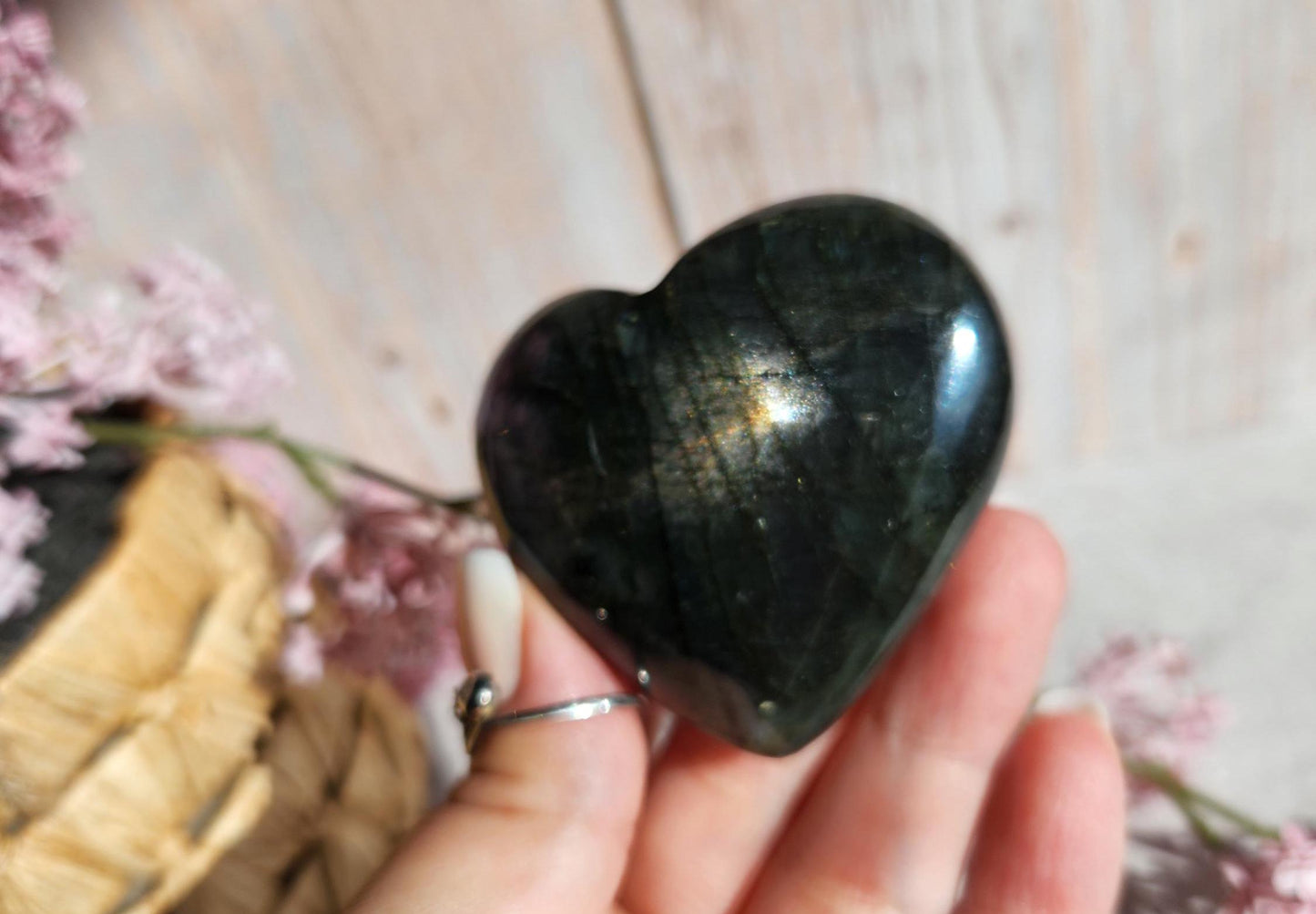 Amazing bright and silver white labradorite heart with with purple flash  from Finland