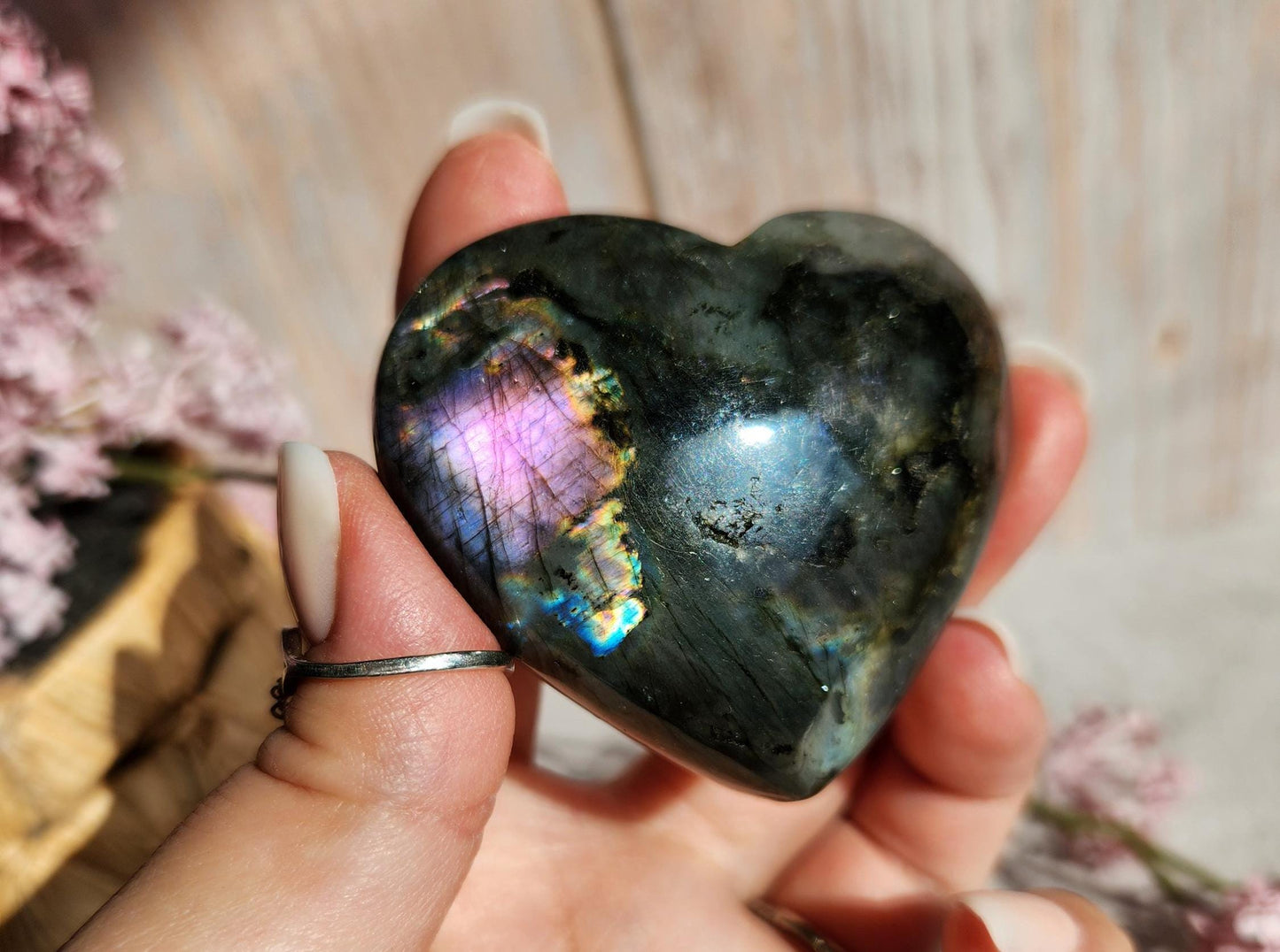 Amazing bright and silver white labradorite heart with with purple flash  from Finland