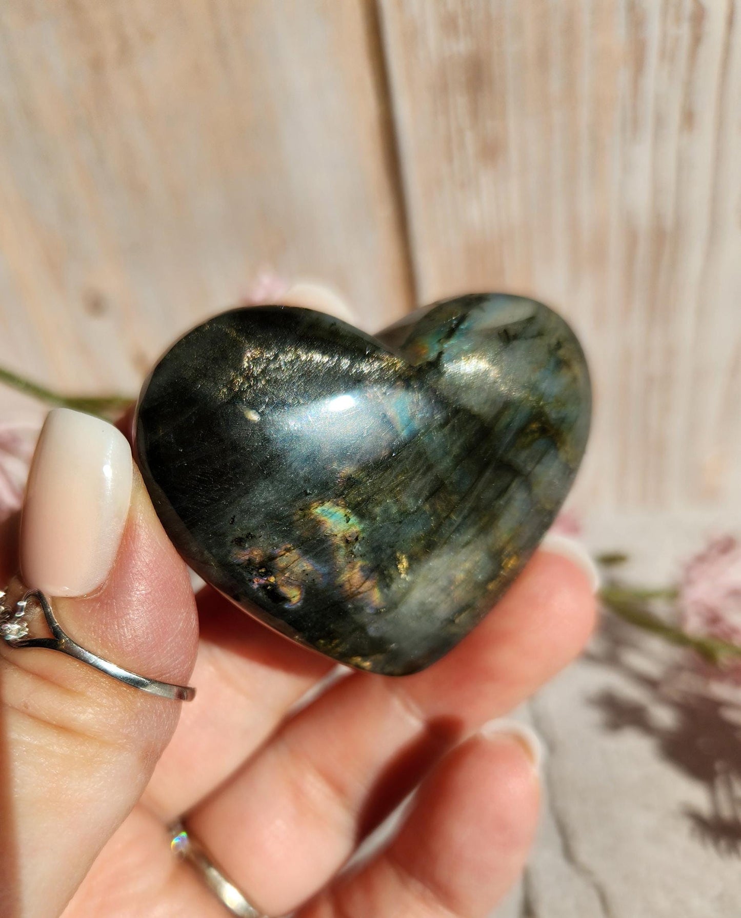 Amazing labradorite heart with with silver sheen from Finland