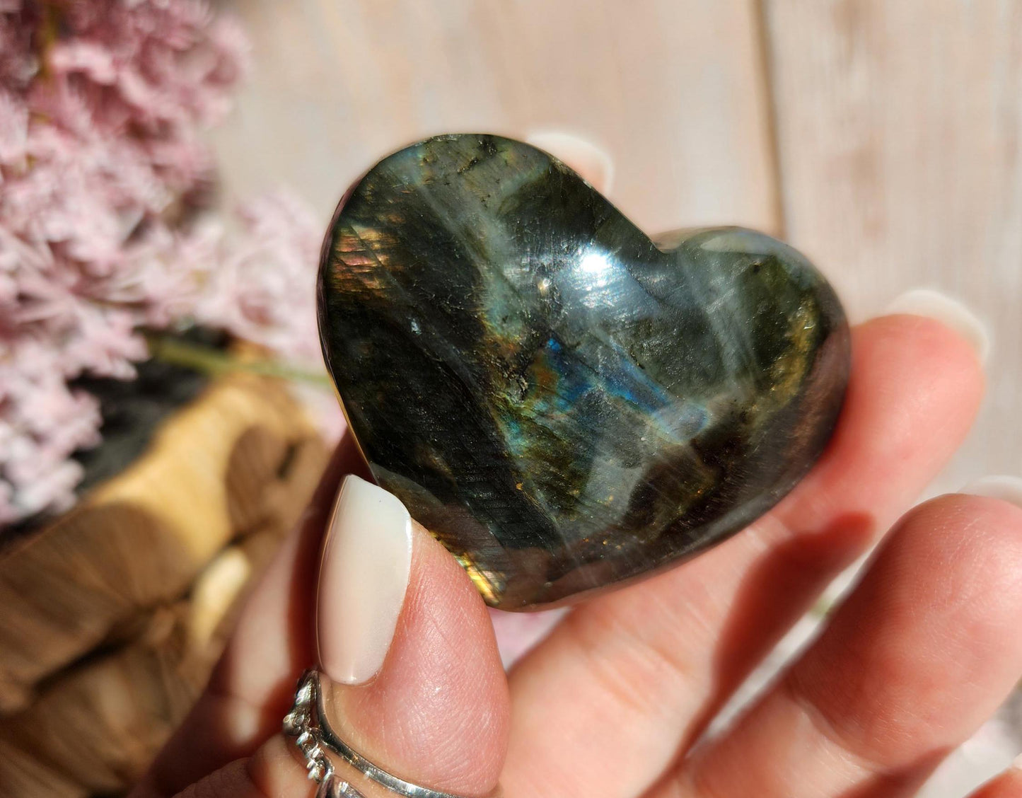 Amazing labradorite heart with with silver sheen from Finland