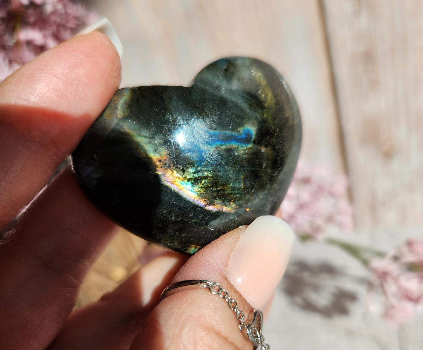 Amazing labradorite heart with with silver sheen from Finland