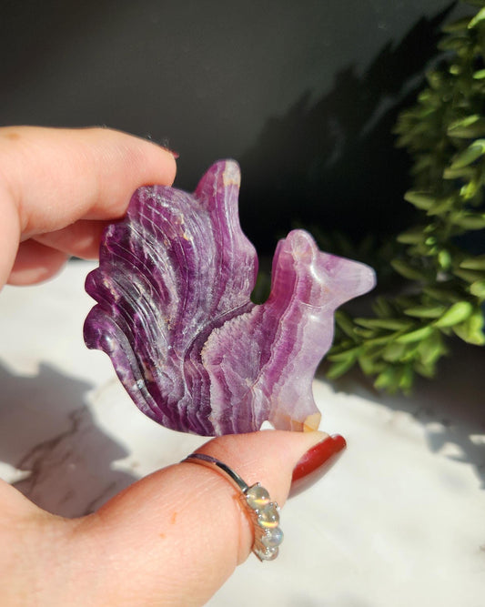 Natural purple fluorite 9 tail fox carving with beautiful bandings