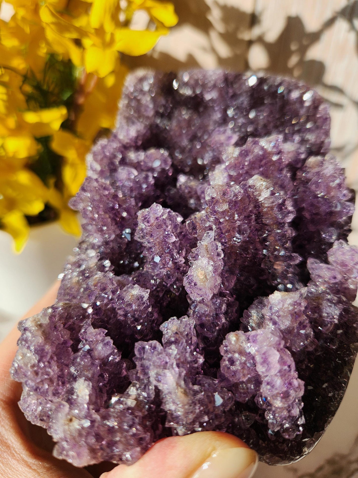 High quality natural purple amethyst cutbase with amazing stalactites from Brazil, stalactite cluster