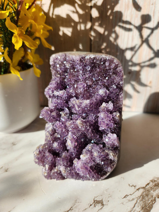 High quality natural purple amethyst cutbase with amazing stalactites from Brazil, stalactite cluster