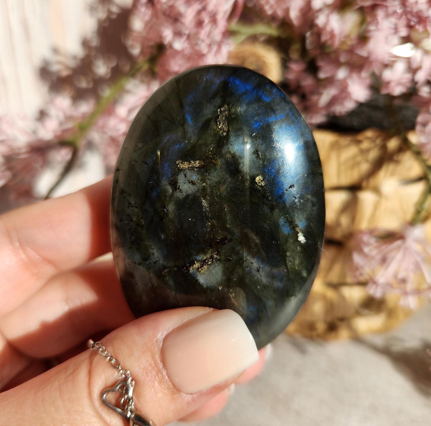 AAA duo flash labradorite, bright silver, purple and blue flash labradorite palm stone from Finland