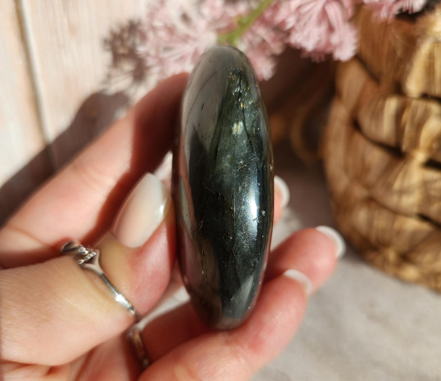 High quality XL dua flash labradorite, bright silver, orange, purple and blue flash labradorite palm stone from Finland