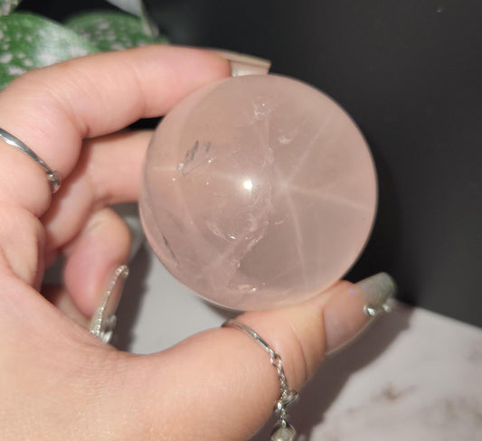 High quality 6 star rose quartz sphere with rainbows and asterism from Mozambique  P47 R6