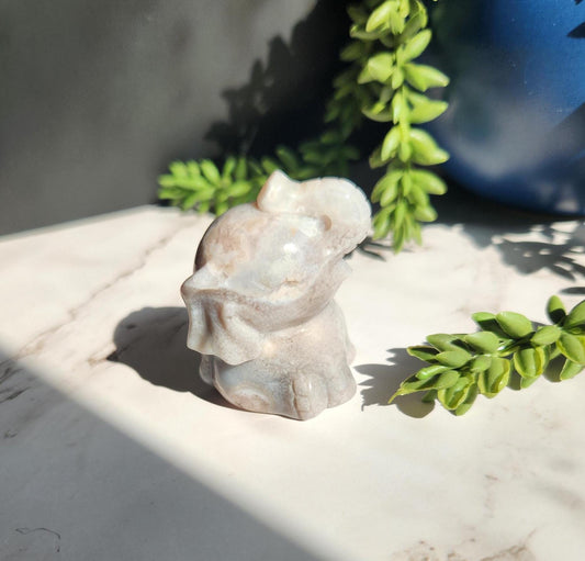 Beautiful happy hand carved  pink amethyst flower agate elephant, natural
