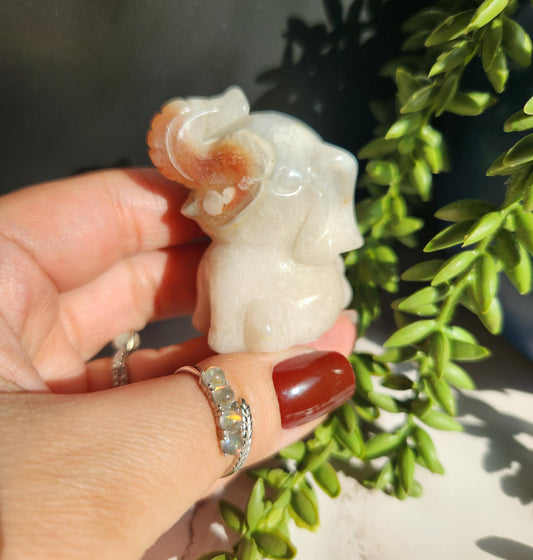 Beautiful happy hand carved carnelian flower agate elephant with druzy, natural