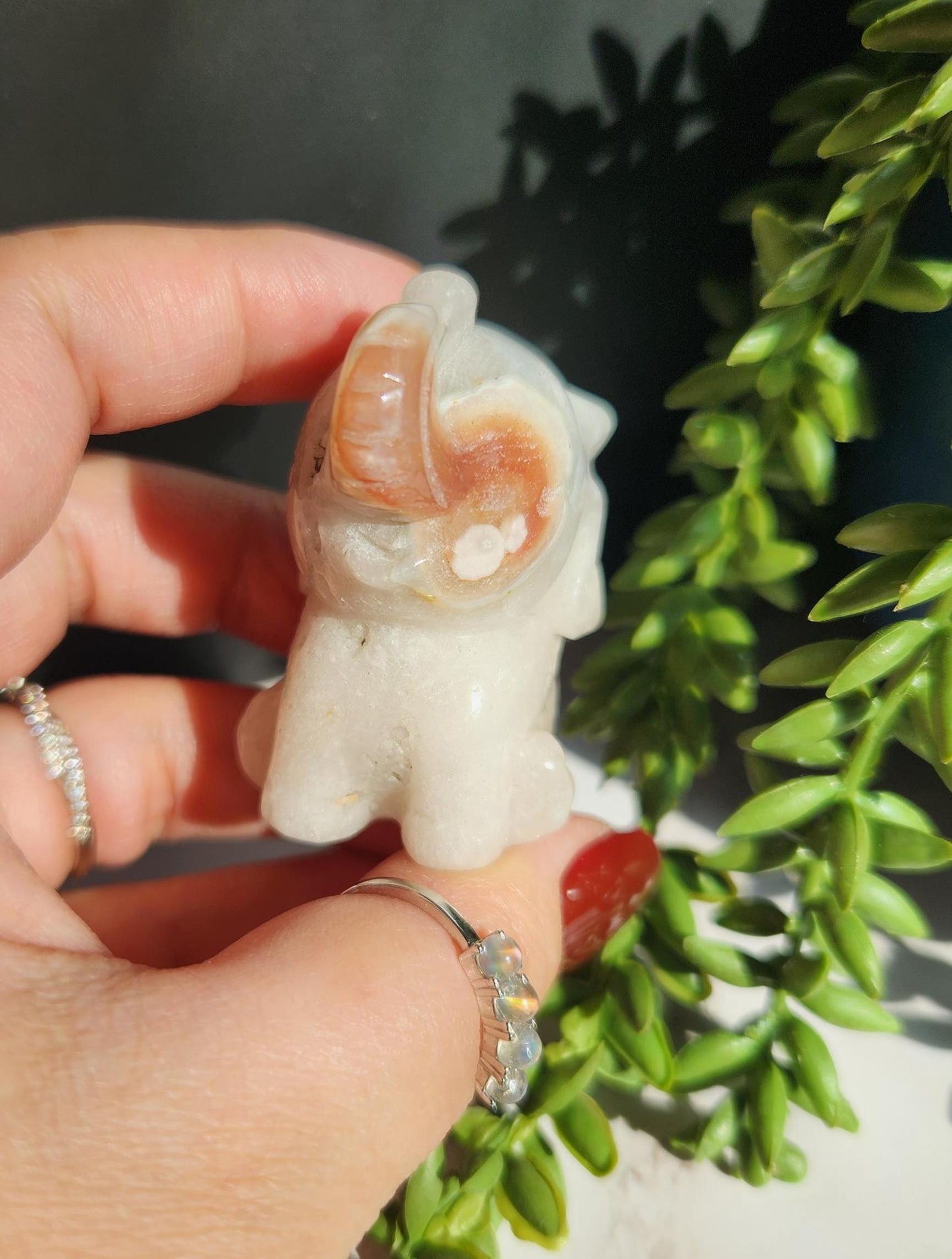 Beautiful happy hand carved carnelian flower agate elephant with druzy, natural