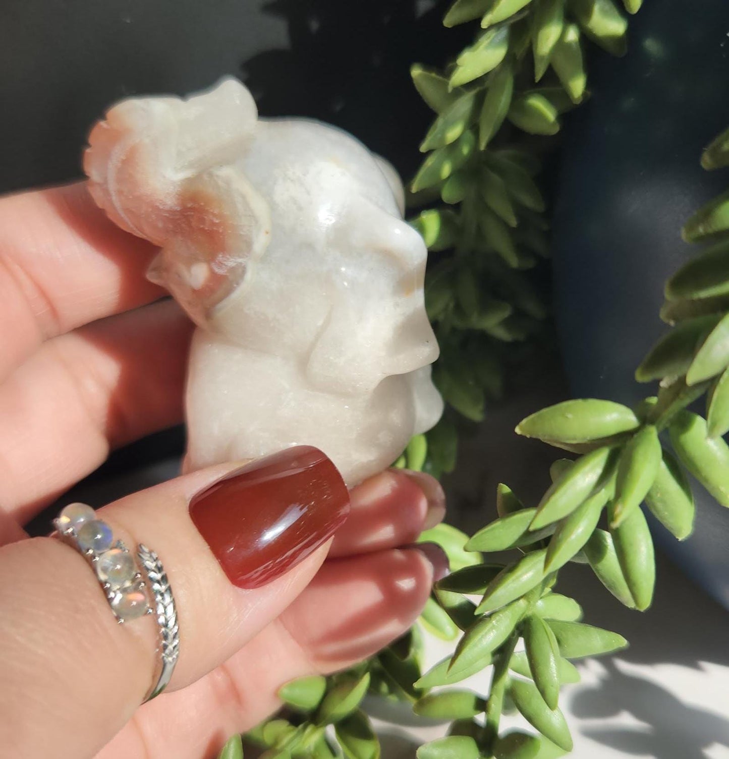 Beautiful happy hand carved carnelian flower agate elephant with druzy, natural