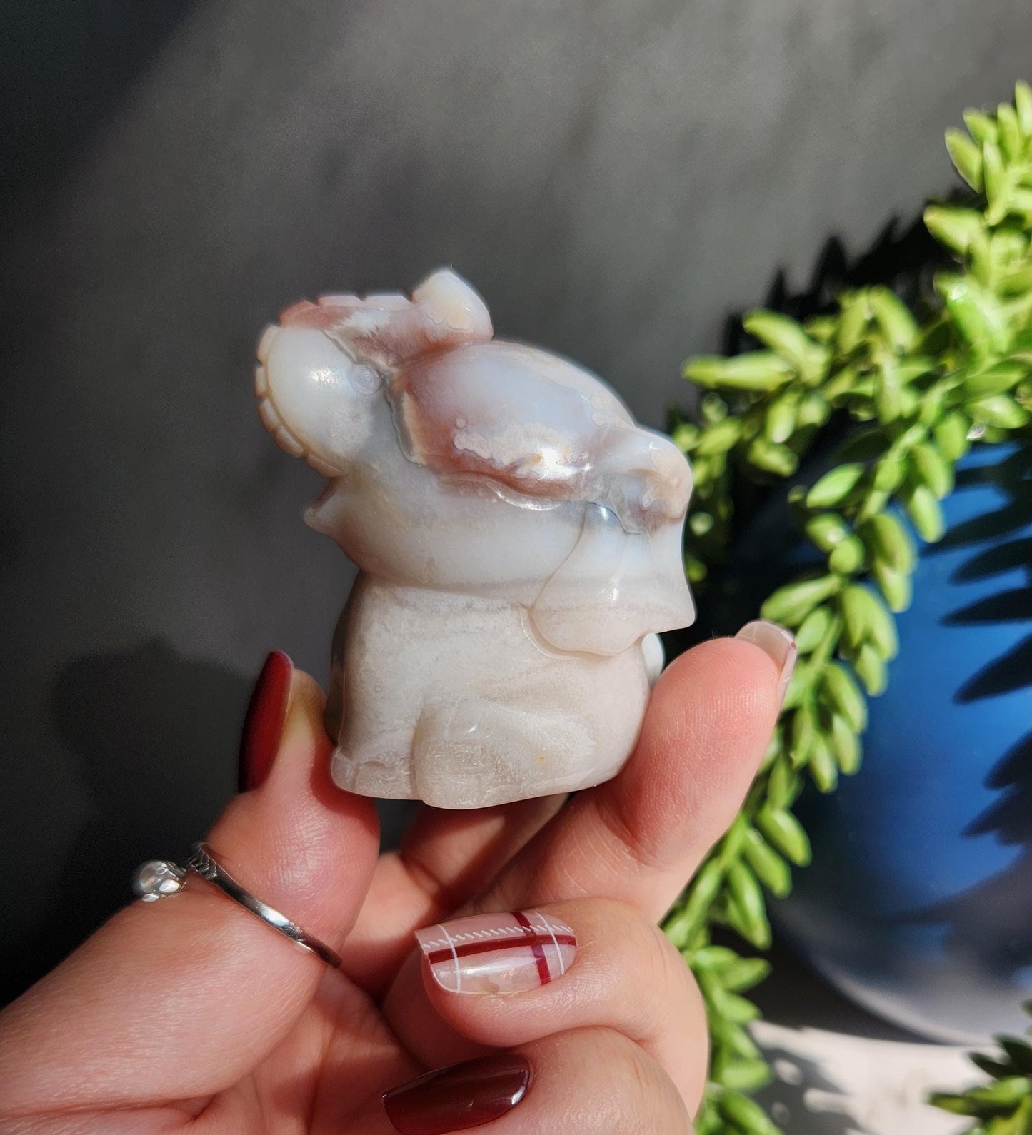 Beautiful happy hand carved carnelian flower agate elephant with black chalcedony, natural