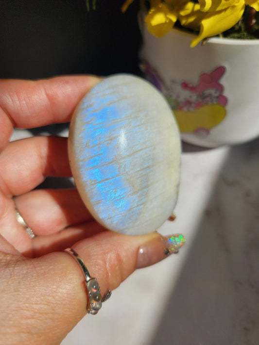 High quality blue moonstone palm stone with white and blue flash from Madagascar  L29