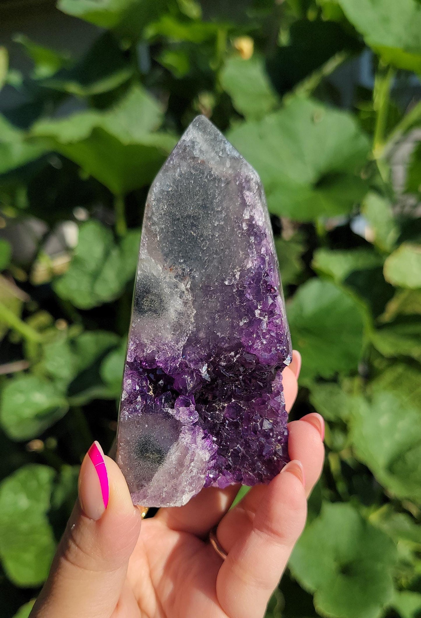 Adorable purple amethyst cluster tower with quartz, natural, from Brazil