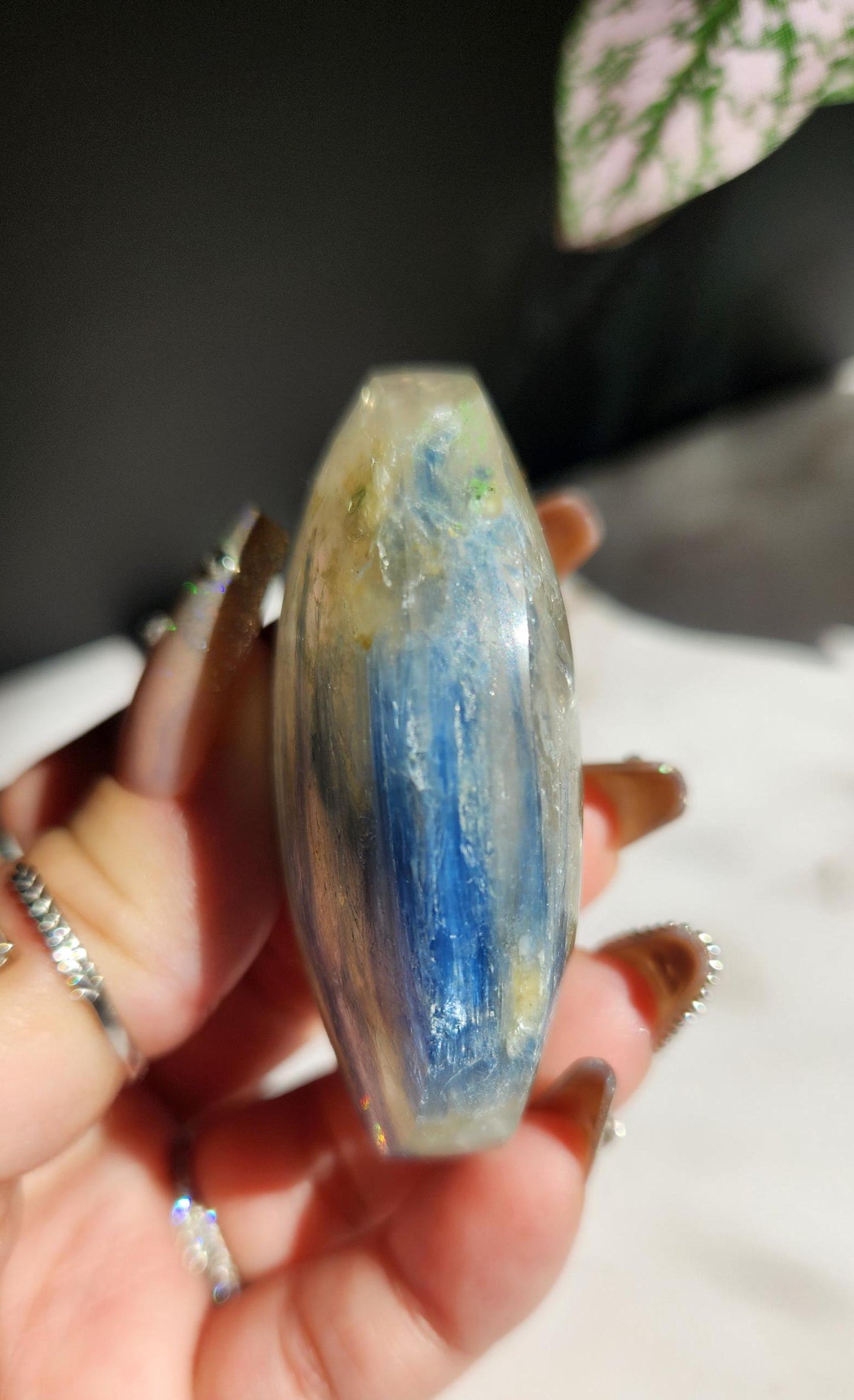 AAA natural blue Kyanite with quartz palm stone, pocket stone 33A