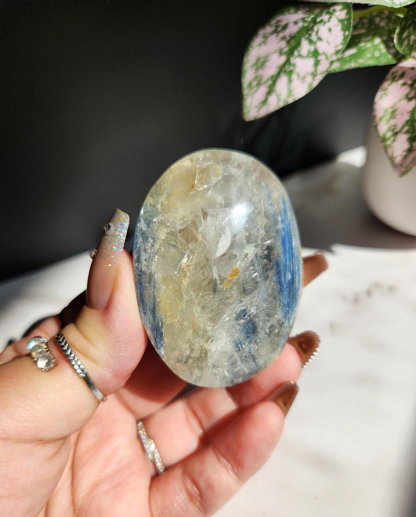 AAA natural blue Kyanite with quartz palm stone, pocket stone 33A