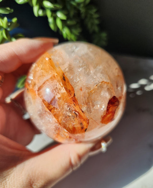 Beautiful natural high quality fire quartz sphere with rainbows, Hematoid inclusions, Hematoid quartz,