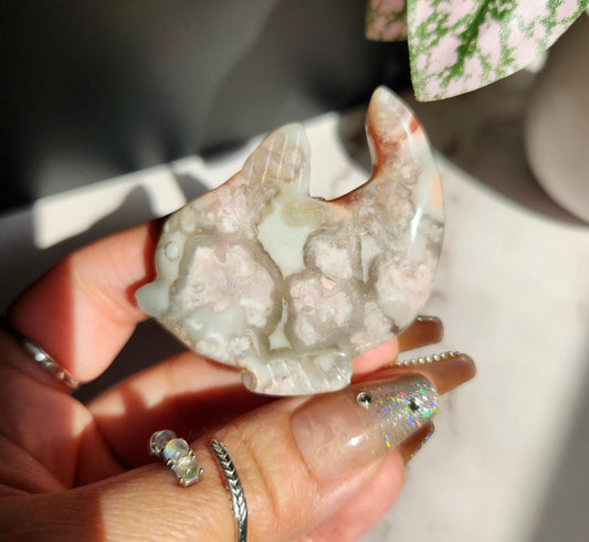 AAA green flower agate dolphin carving, natural, self standing