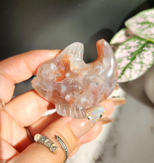 AAA carnelian flower agate dolphin carving, natural, self standing
