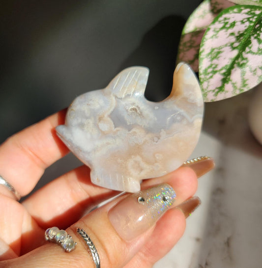 Soft pink flower agate dolphin carving, natural, self standing