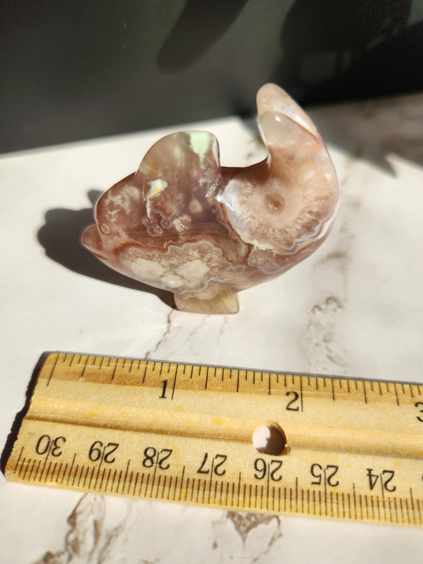 Beautiful flower agate dolphin carving, natural, self standing