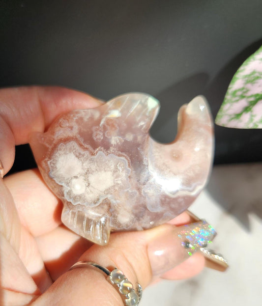 Beautiful flower agate dolphin carving, natural, self standing
