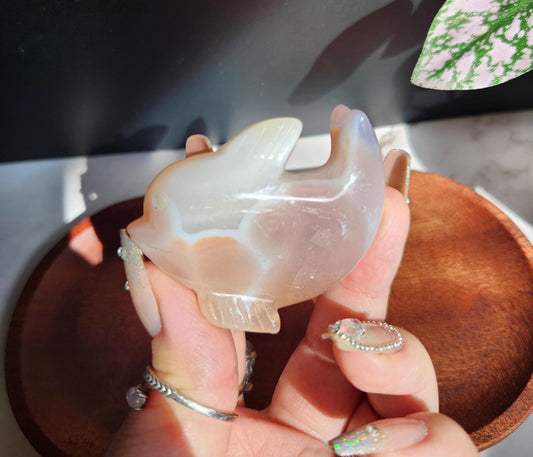 Beautiful flower agate dolphin carving, natural, self standing