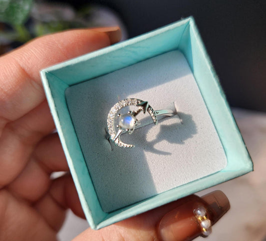 Top quality moon and star blue moonstone ring, 925 sterling silver, adjustable ring, beautiful dainty rings