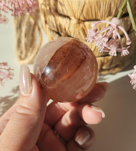 Rare natural fire quartz  with rose quartz sphere from Madagascar, Hematoid inclusions