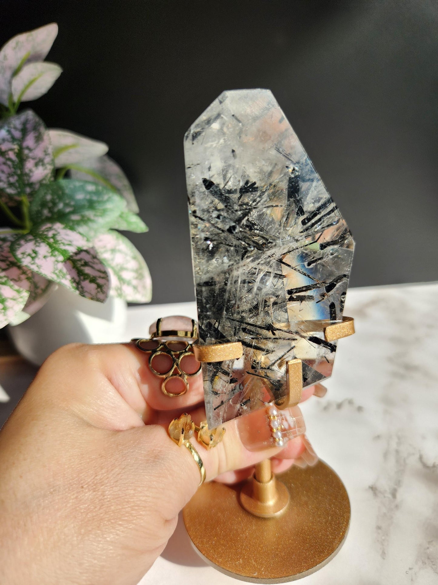High quality black tourmaline in quartz  freefrom with rainbows on a beautiful gold custom stand