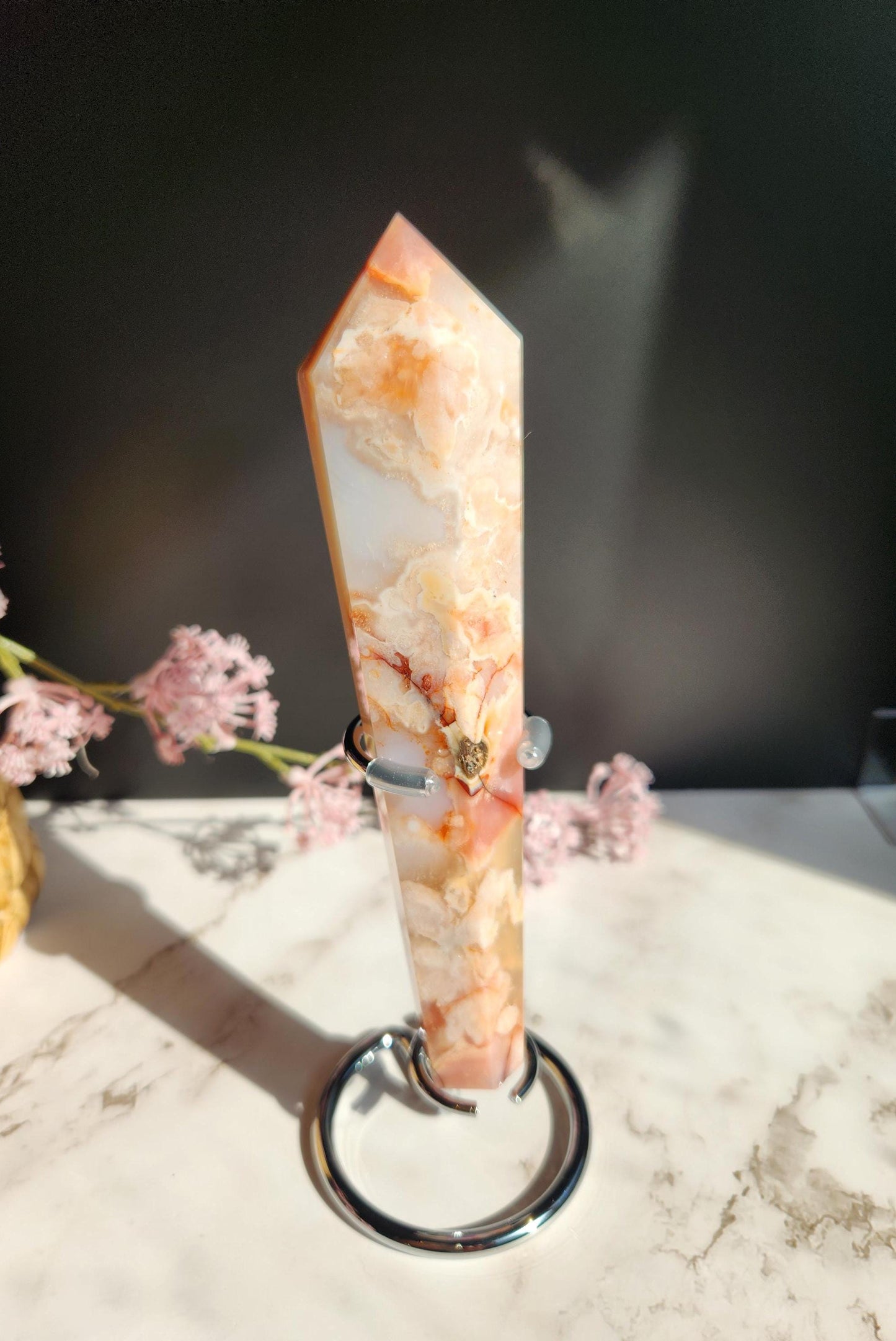 AAA Natural carnelian flower agate wand with stand from Madagascar